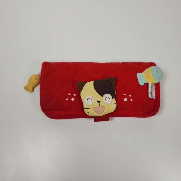 Domoko Red Cotton Fabric Folding Wallet, Cartoon Cat & Fish- Card Holder - Picture 1 of 12